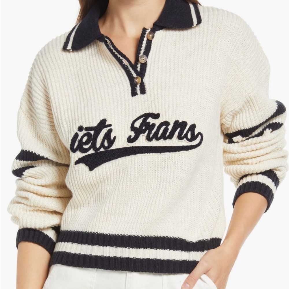 Women's Varsity V-Neck Sweater in Cream and Black
